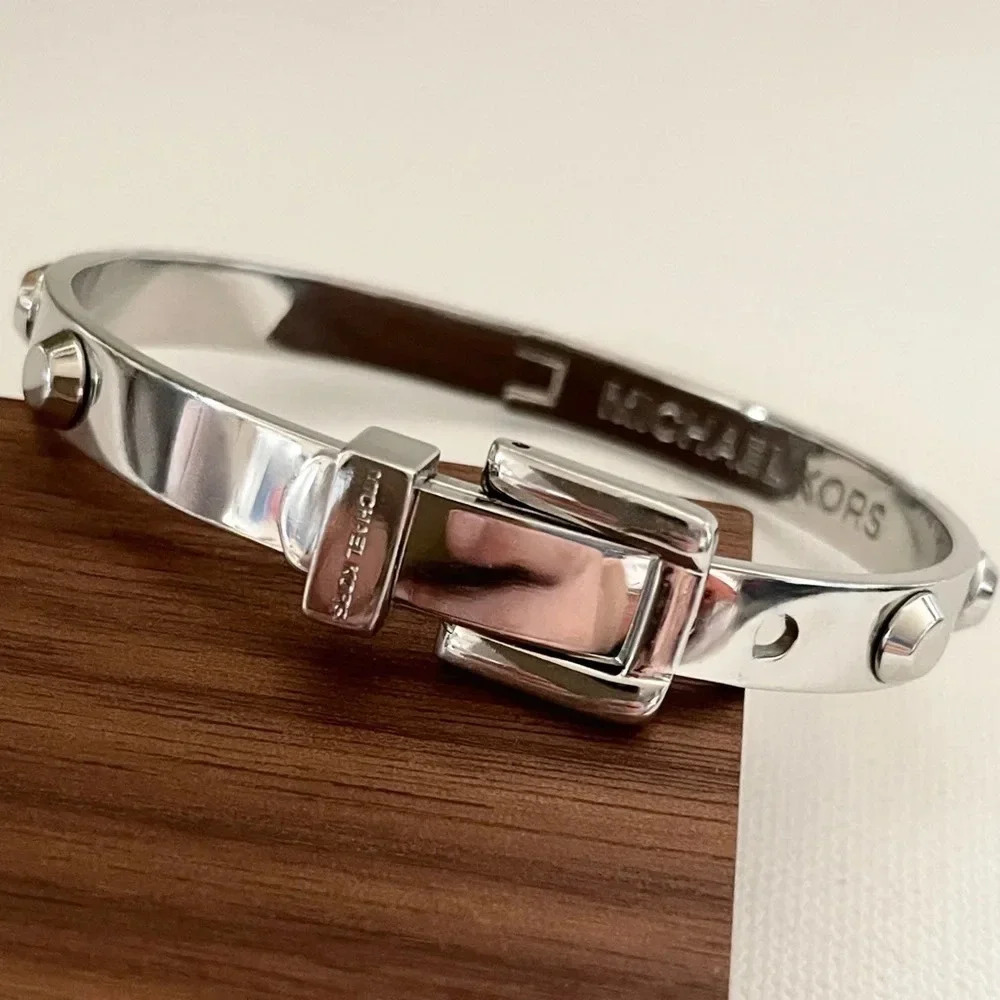 Michael Kors Astor Silver Buckle Bracelet With Studs Hinge Closure 2 adjustments - Picture 12 of 16